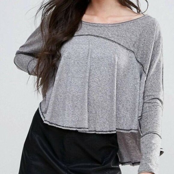 FREE PEOPLE Womens Top SZ XS Cloud Nine Gray Crop Lagenlook Slouchy Oversized - Picture 5 of 7